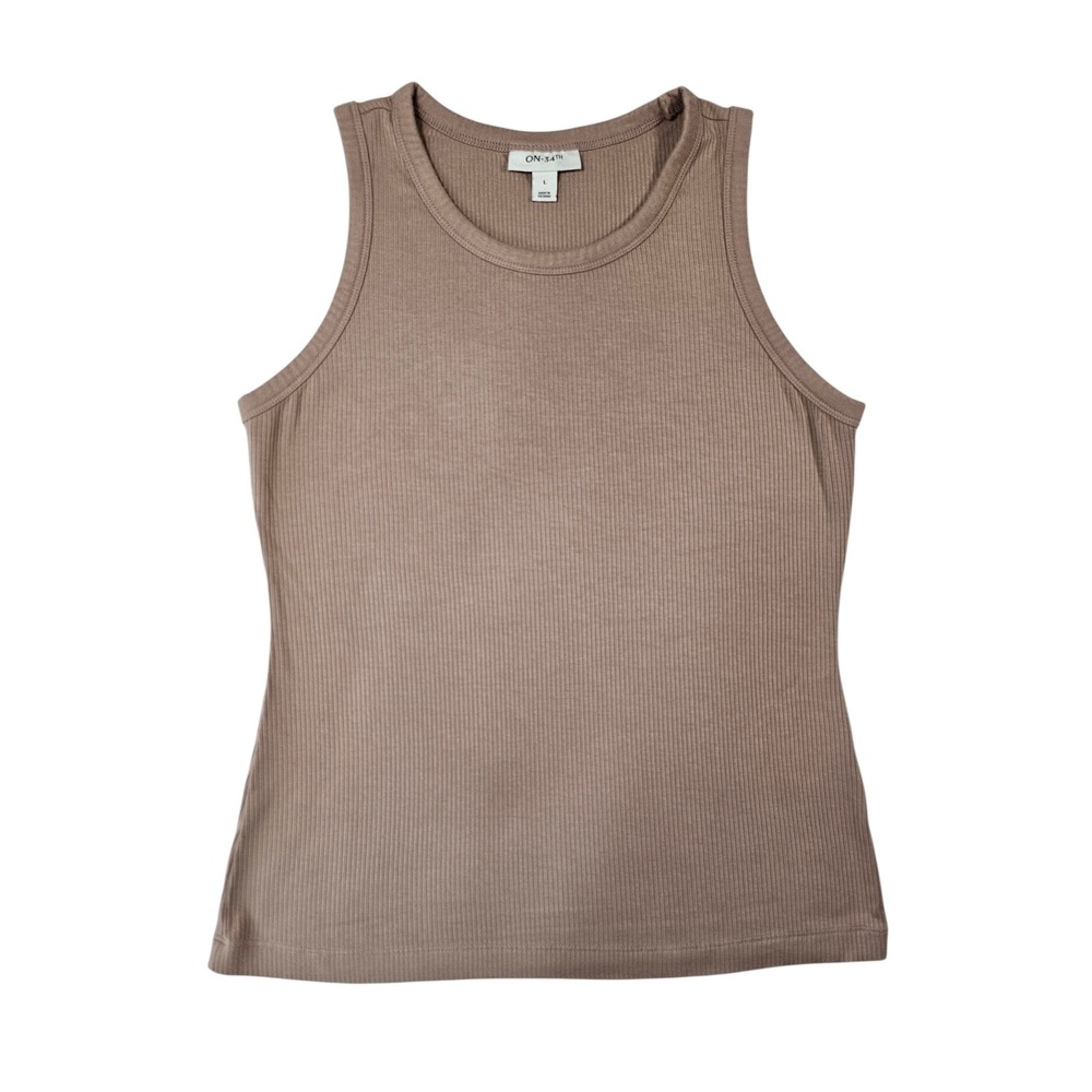 On 34th Womens Ribbed Tank Top Beige Brown Crew Neck Sleeveless Lg Minimalist